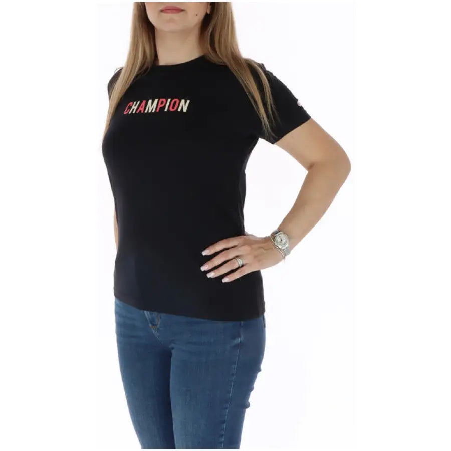 Black Champion Women T-Shirt with colorful ’CHAMPION’ text across the chest