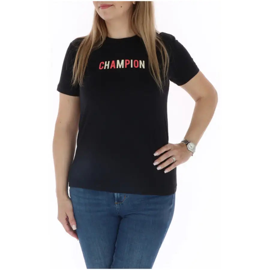 Black Champion women’s t-shirt with colorful ’CHAMPION’ text printed on the front
