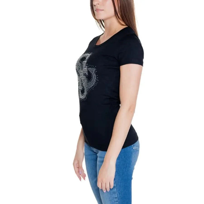 Guess Women T-Shirt: Black with Silver Decorative Design on Front - Stylish and Elegant