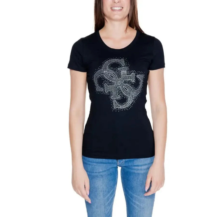 Guess Women T-Shirt: Black with Silver Design Front