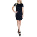 Blonde woman in Jacqueline De Yong black t-shirt dress with gray cuffs