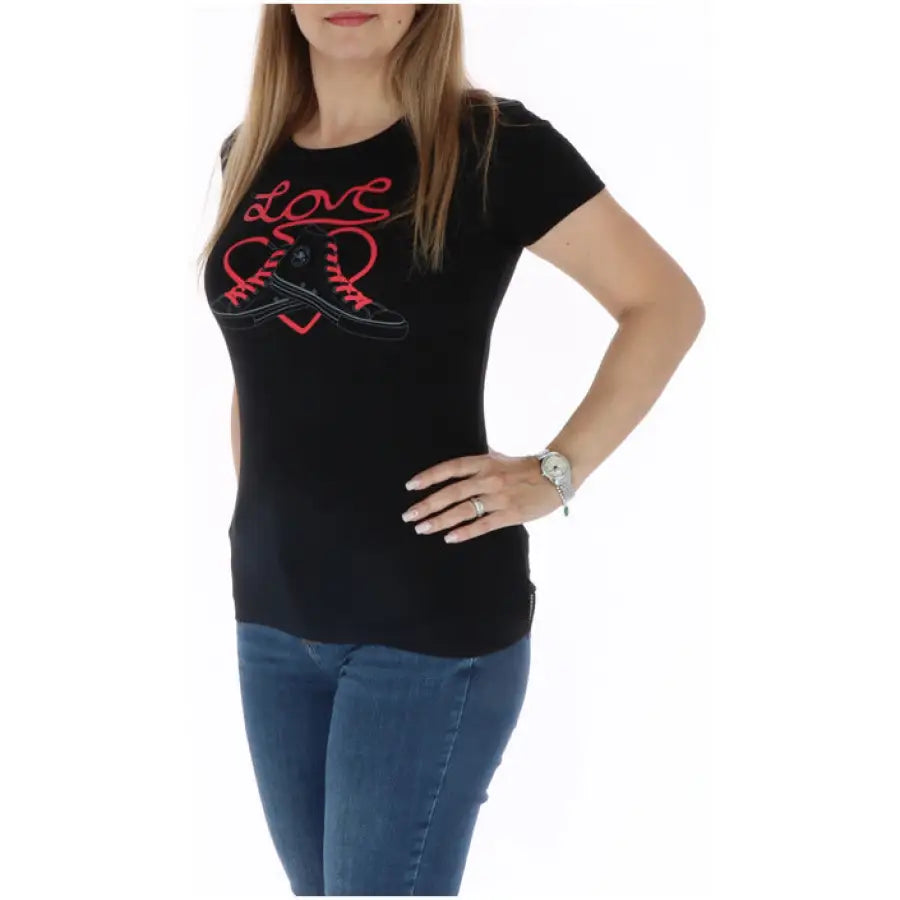 Converse Women’s Black T-Shirt with ’Love’ and Red Sneaker Heart Design
