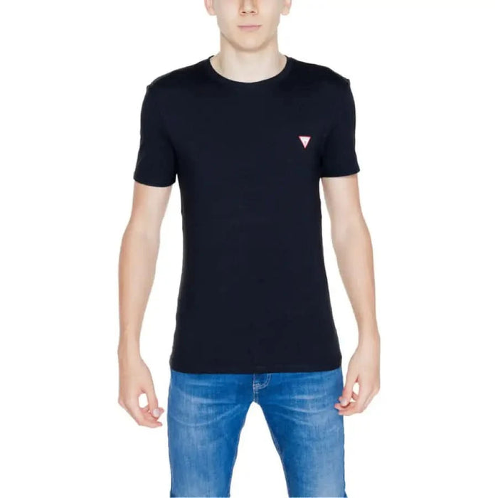 Black Guess Men T-Shirt featuring a small triangular logo on the chest