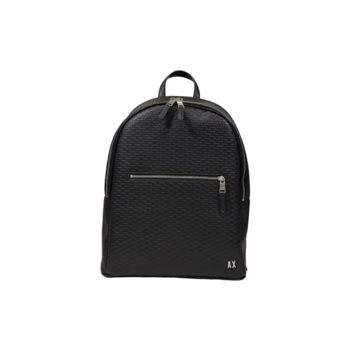 Black textured leather backpack with silver zippers and Armani Exchange branding