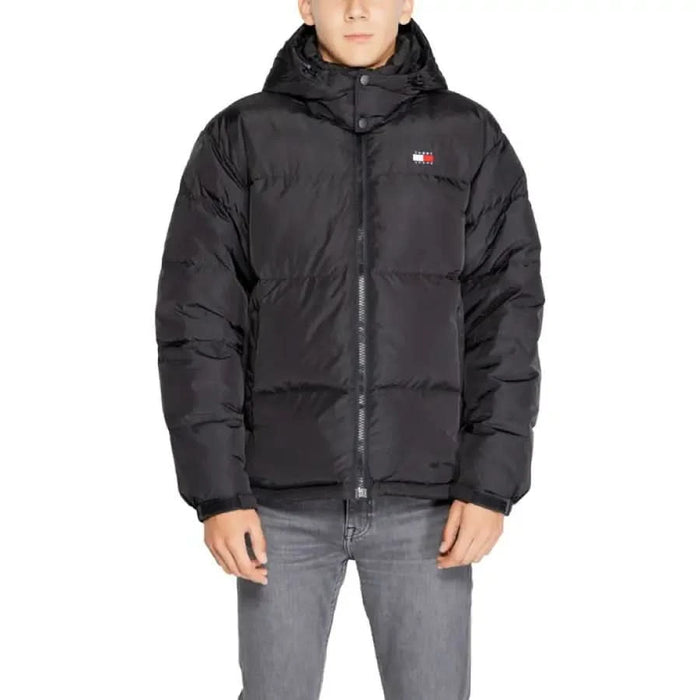 Black Tommy Hilfiger puffer jacket with hood for men, stylish and warm outerwear