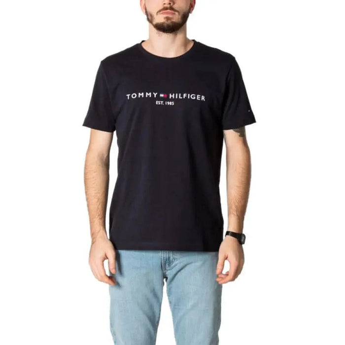 Black Tommy Hilfiger T-shirt with white logo text from Tommy Hilfiger Jeans Men Collection