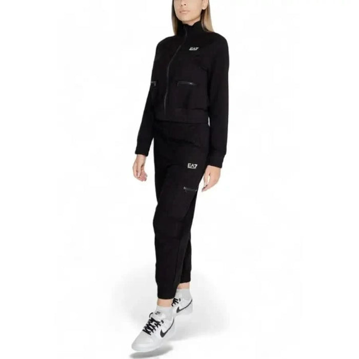 Black Ea7 Women Jumpsuit featuring a zip-up jacket and matching pants