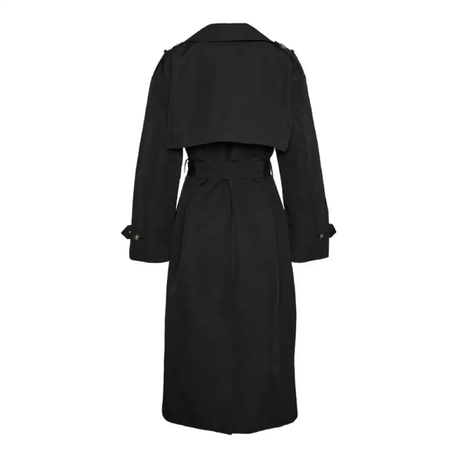 Black trench coat with belted waist and wide lapels by Vero Moda Women Jacket