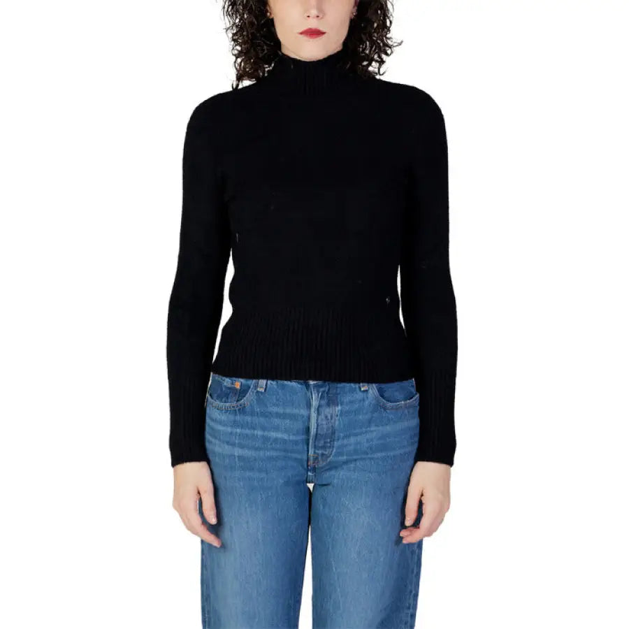 Black turtleneck sweater with blue jeans - Guess Women Knitwear fashion ensemble