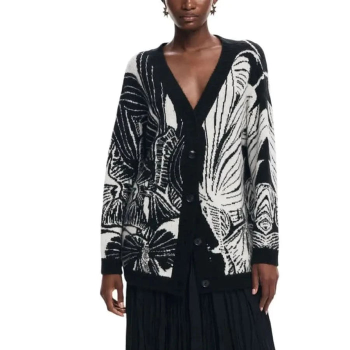 Black and white butterfly-patterned V-neck cardigan by Desigual for women