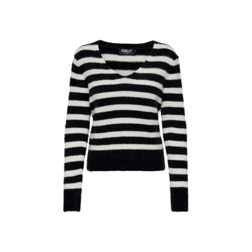 Black and white striped v-neck sweater with long sleeves from Only Women Knitwear