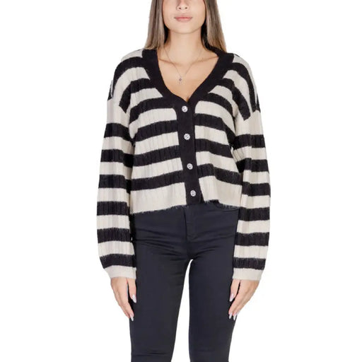 Black and white striped button-up cardigan sweater by Vero Moda for women