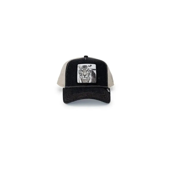 Black and white Goorin Bros trucker hat with a skull design on front for men