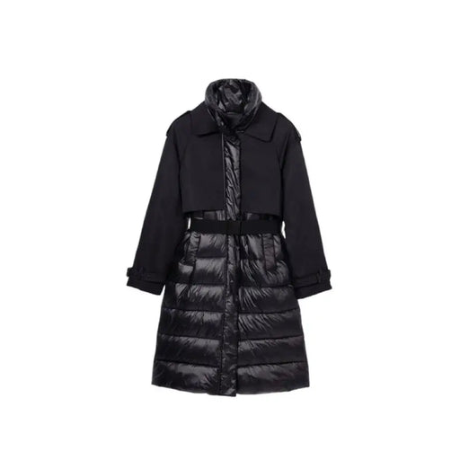 Black winter coat with quilted lower half and belted waist by Desigual Women Jacket