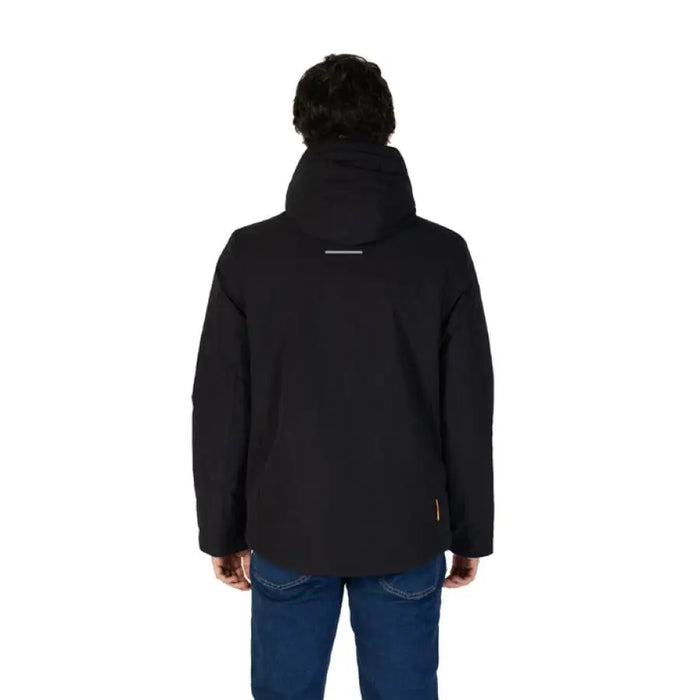 Men’s Black Turtleneck Jacket with Hood and Front Pockets viewed from behind with fur trim