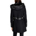 Black winter coat with fur-trimmed hood and leather belt by Morgan De Toi for women