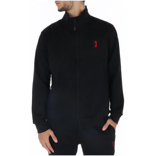 Black zip-up athletic jacket featuring a red logo from the U.S. Sweatshirts Collection