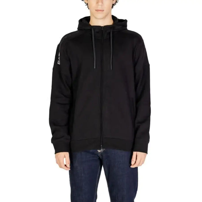 Black zip-up hooded sweatshirt with drawstrings from Ea7 Men Sweatshirts collection