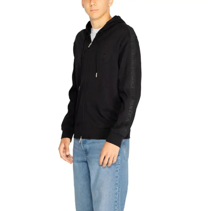 Armani Exchange Men Sweatshirt featuring a black zip-up hoodie with text on the sleeve