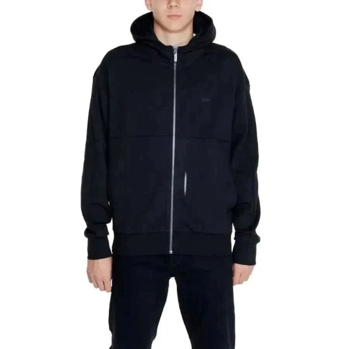 Calvin Klein Men Sweatshirts Black Zip-Up Hoodie with Hood and Long Sleeves