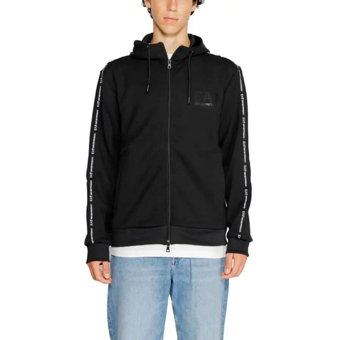 Black zip-up hoodie with white stripe detailing by Ea7 Men Sweatshirts