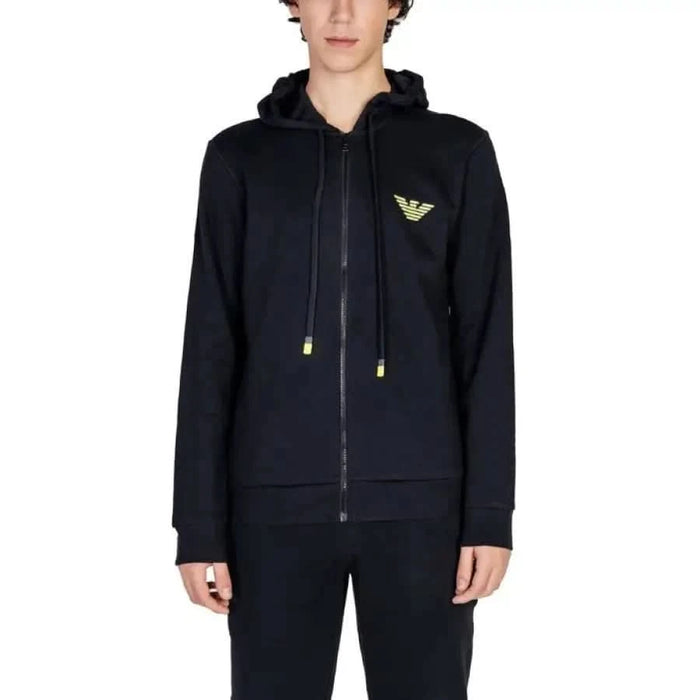 Black zip-up hoodie featuring neon green logo, part of Emporio Armani Underwear collection