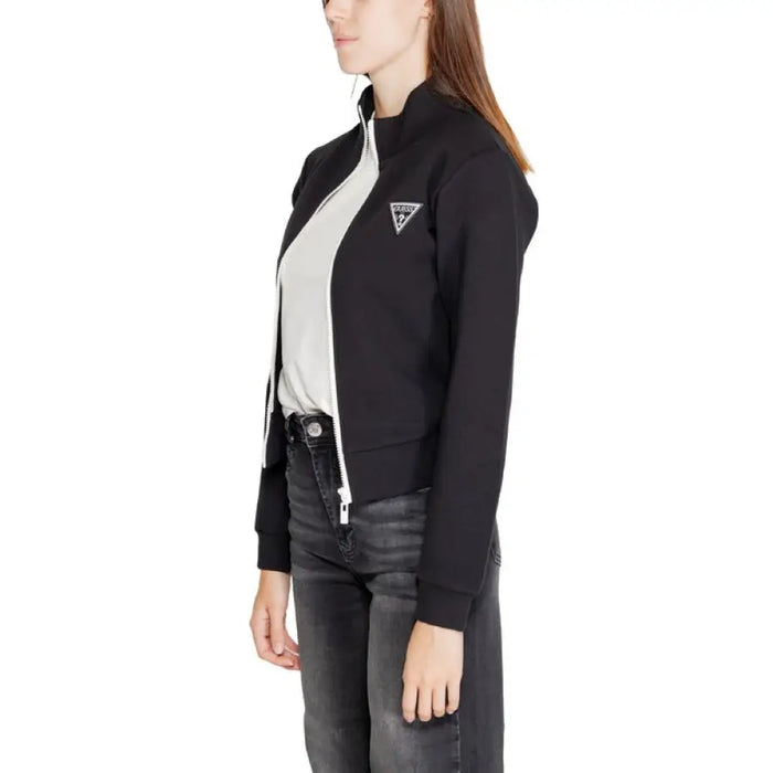 Black zip-up jacket with triangular logo, Guess Active Women Sweatshirts