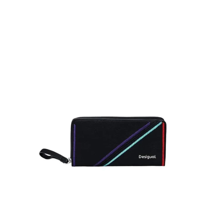 Black zippered wallet with colorful stripes and Desigual logo for women