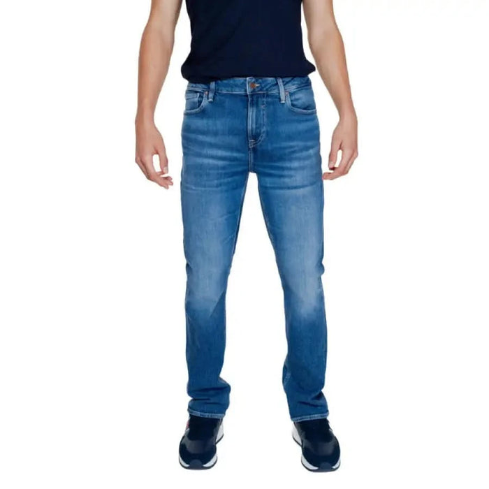 Blue straight-leg denim jeans from Guess for men, ideal for casual and versatile styling