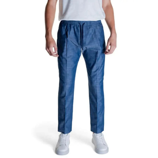 Blue denim drawstring pants with straight legs and side pockets by Antony Morato