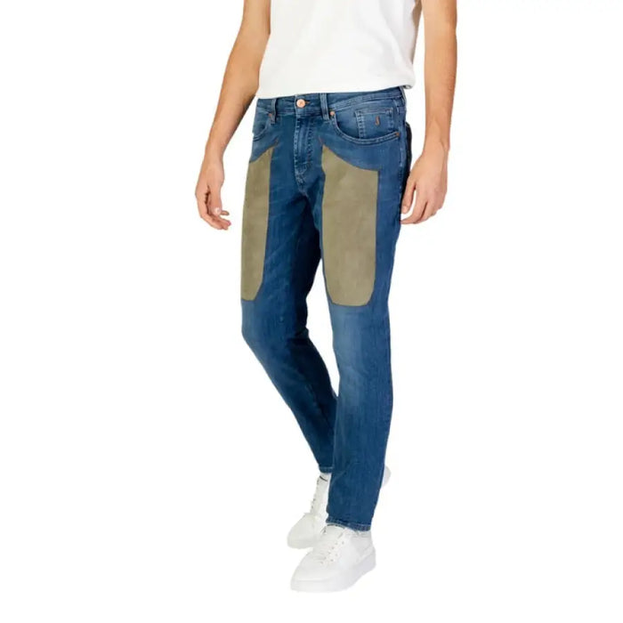 Blue Jeans with tan knee patches from Jeckerson for men, featuring zip and button closure