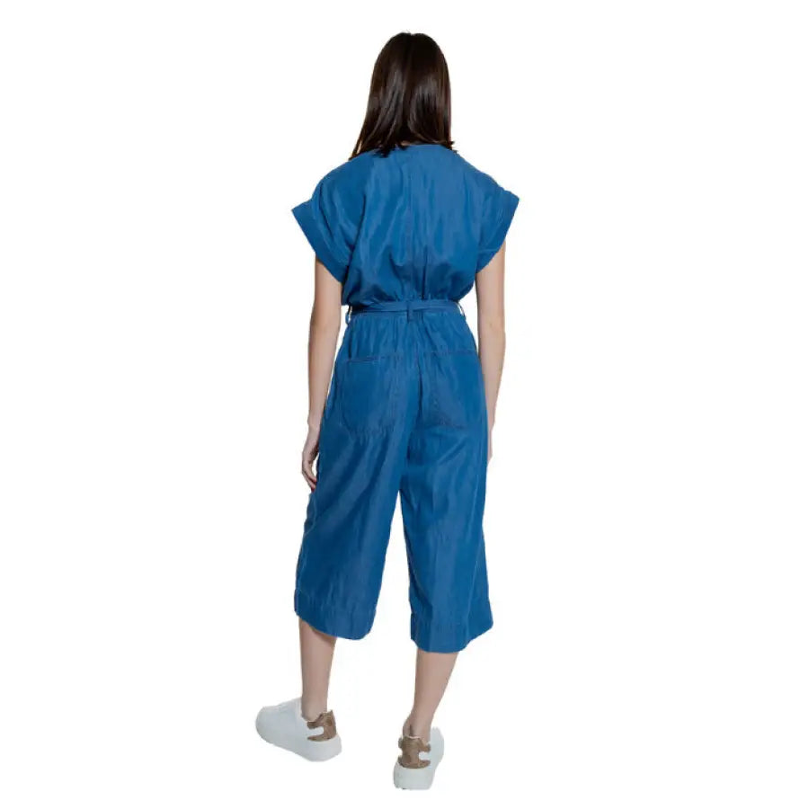 Woman in Blue, Short Sleeve, Cropped Leg Jumpsuit - Only Women Jumpsuit Rear View