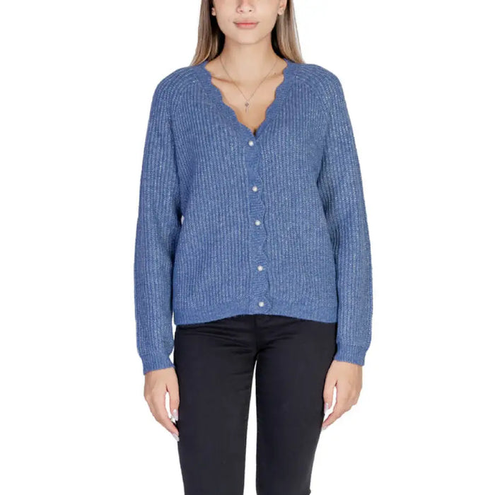 Blue knit cardigan sweater with button closures by Vila Clothes for women