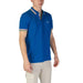 Bright blue Boss men’s polo shirt with rainbow-striped collar and sleeve trim