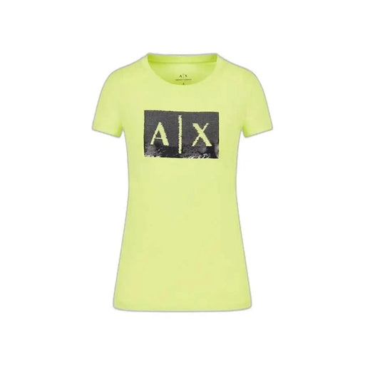 Bright neon yellow Armani Exchange women’s t-shirt with ’A|X’ logo on the front