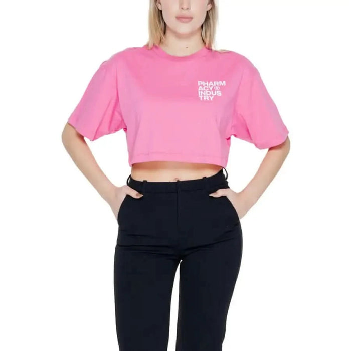 Bright pink cropped t-shirt and black high-waisted pants from Pharmacy - Pharmacy Women T-Shirt