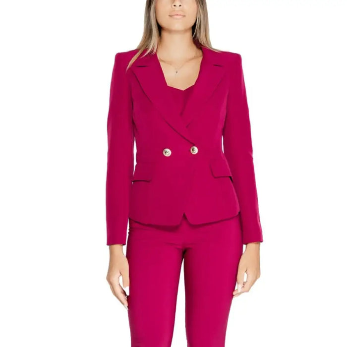 Bright pink double-breasted blazer with silver buttons and peaked lapels by Rinascimento