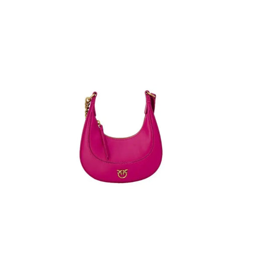 Bright pink leather handbag with curved shape and gold hardware by Pinko