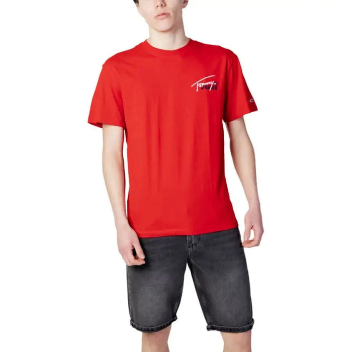 Bright red Tommy Hilfiger Jeans Men T-Shirt with a small chest logo