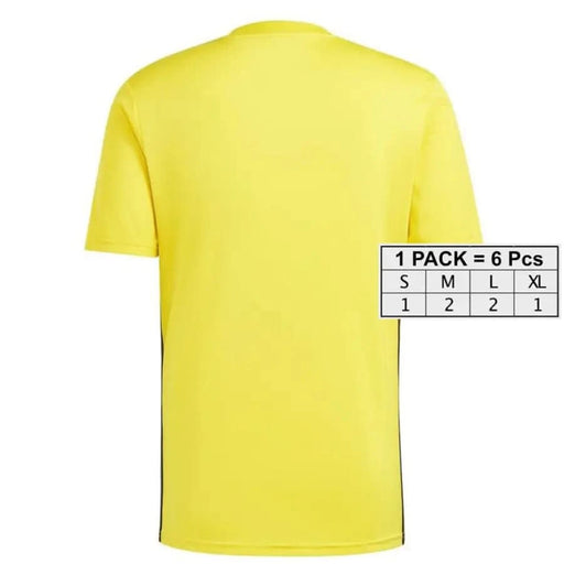 Adidas Men T-Shirt in bright yellow showing short sleeves and sizing information displayed