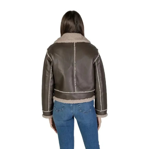 Brown faux shearling jacket with contrast stitching and plush lining from Only Women