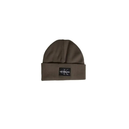 Brown knit beanie featuring a Calvin Klein logo patch for men