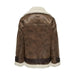 Brown leather aviator jacket with white sherpa lining and buckle details by Only