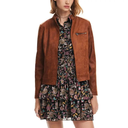 Desigual Women Jacket: Brown leather jacket over floral print dress - stylish and trendy