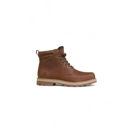 Brown leather Timberland Men Boots featuring rugged sole and lace-up design