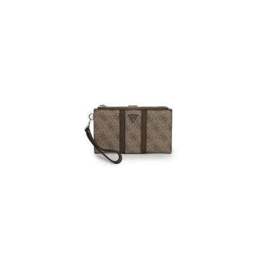 Guess Women Wallet: Brown patterned wristlet with zipper closure and leather trim