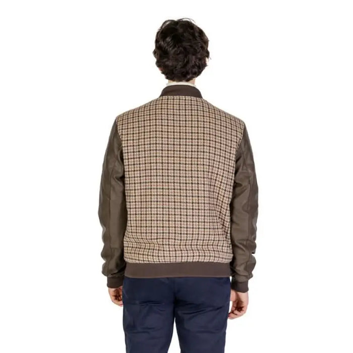 Brown plaid bomber jacket with solid sleeves worn by model from behind, Gianni Lupo Women Jacket