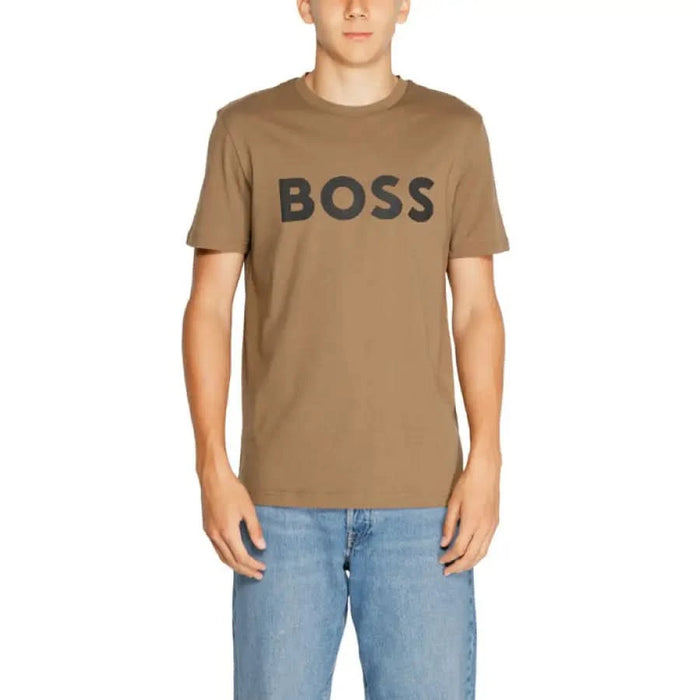 Brown t-shirt with BOSS printed in large black letters on the front - Boss Men T-Shirt