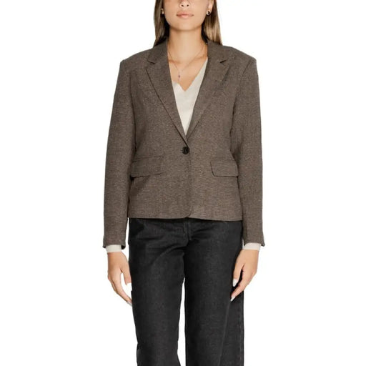 Brown tweed blazer with single button closure from Only Women Blazer collection