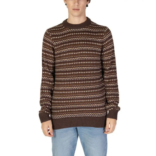 Brown and white patterned knit sweater with horizontal stripes by Only & Sons